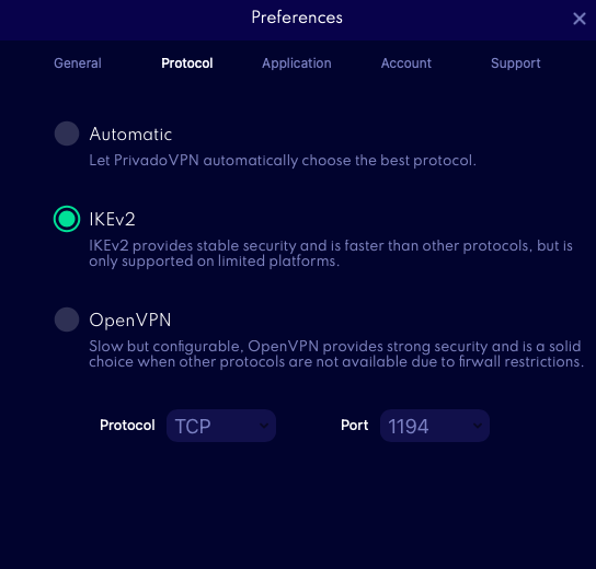 vpn protocol selection privadovpn