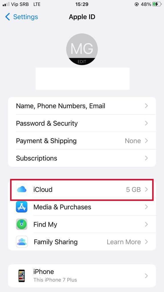 iCloud in settings