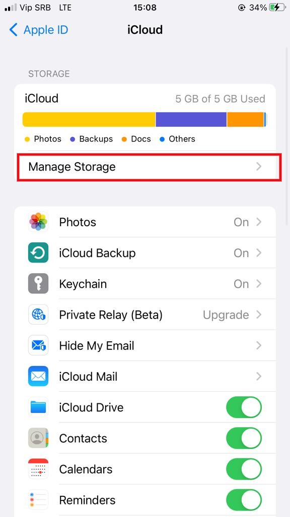 Manage storage iCloud