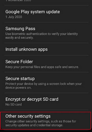 Other security settings on Android