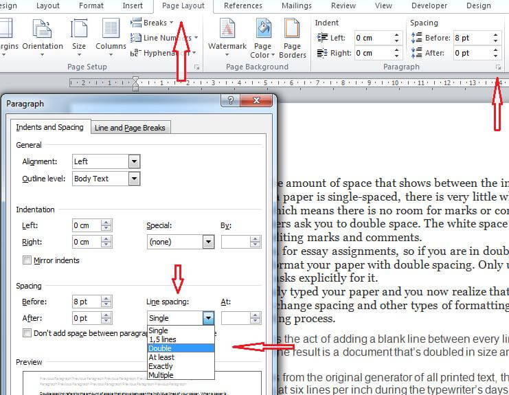 Selecting Double spacing from the Menu