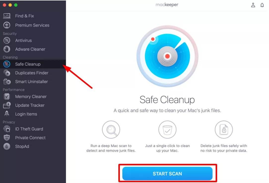 mackeeper software interface with a highlight on the safe cleanup option in the menu tab