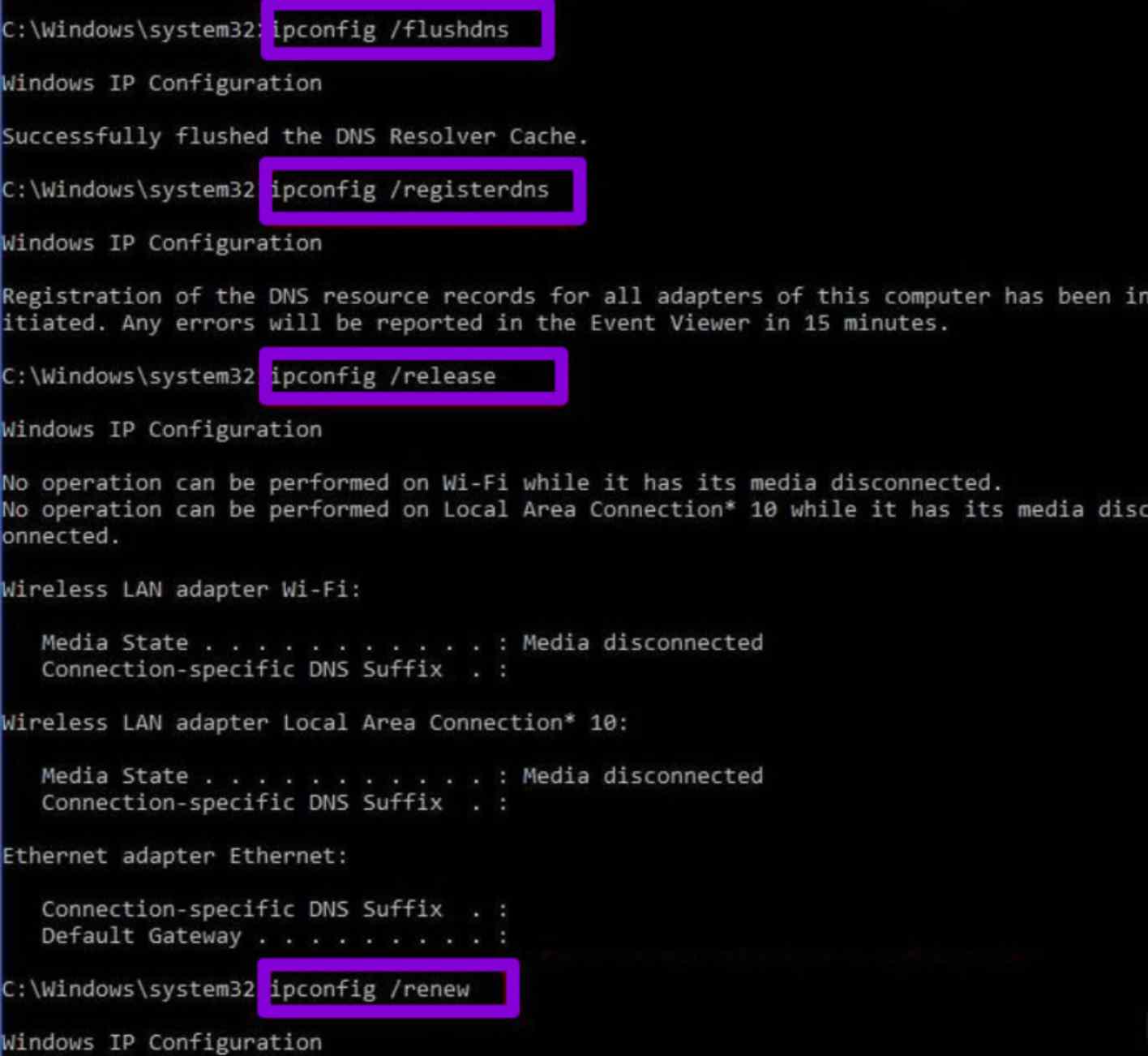 windows command prompt command inputs and their output