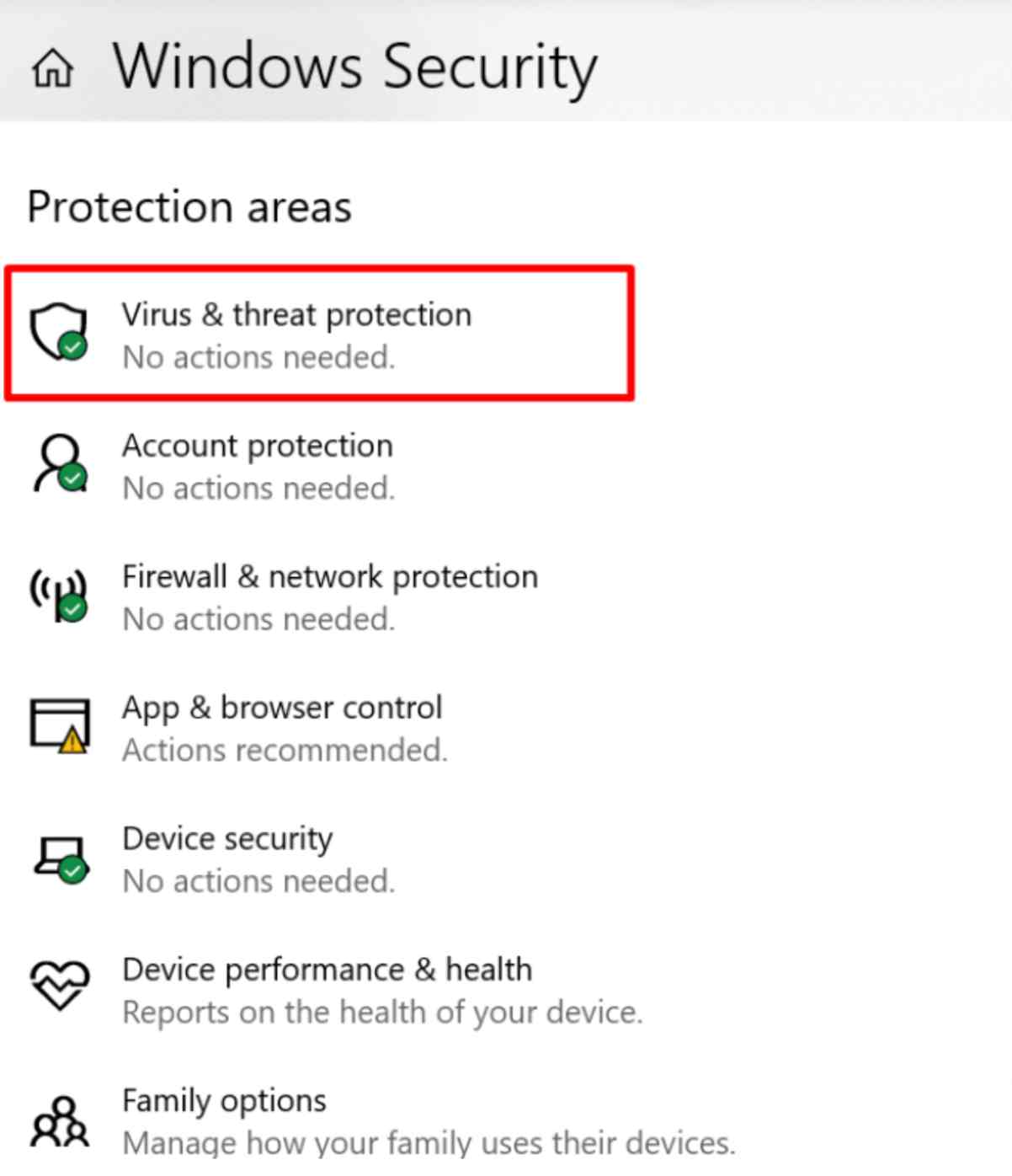 paramètres de sécurité Windows avec l'option de protection contre les virus et les menaces en surbrillance