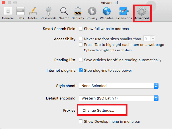 Advanced settings on Safari