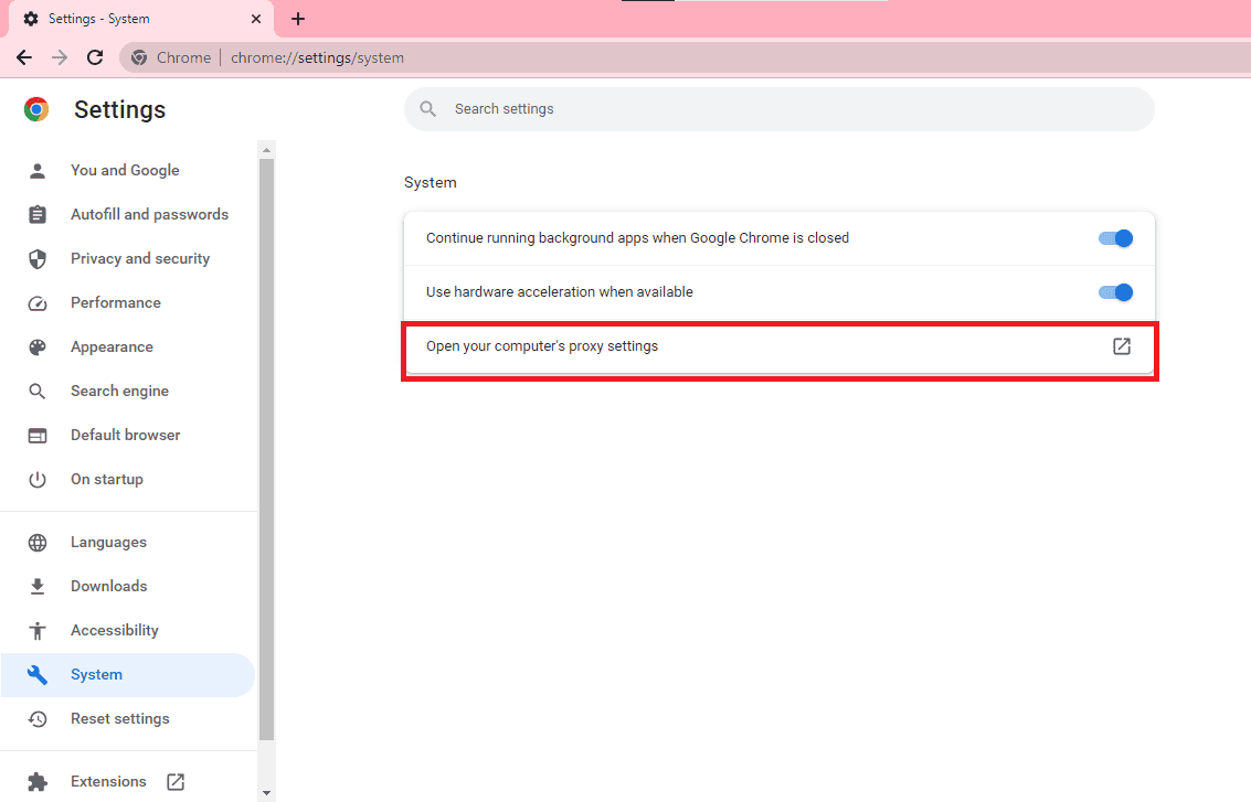 Proxy settings navigation on Chrome