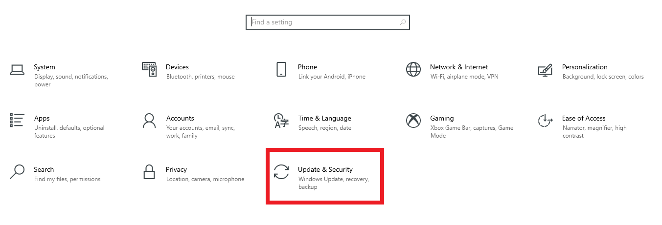 Update & Security option on Windows Settings