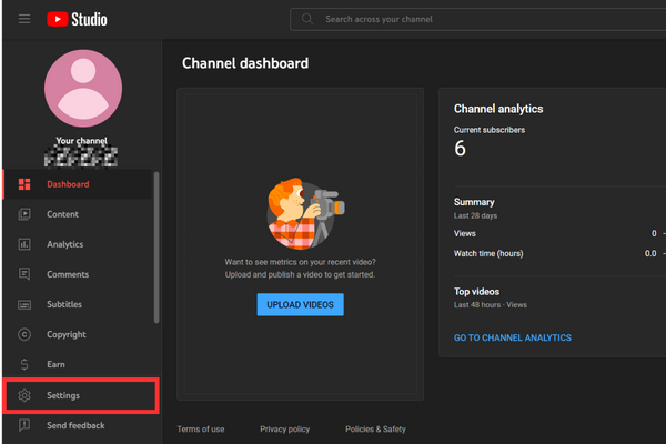 Settings is located at the bottom-left corner of the page