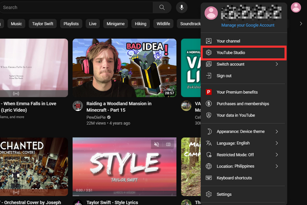 “YouTube Studio” is below the “Your channel” option.