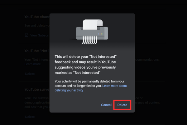 A pop-up window will display with the Delete button