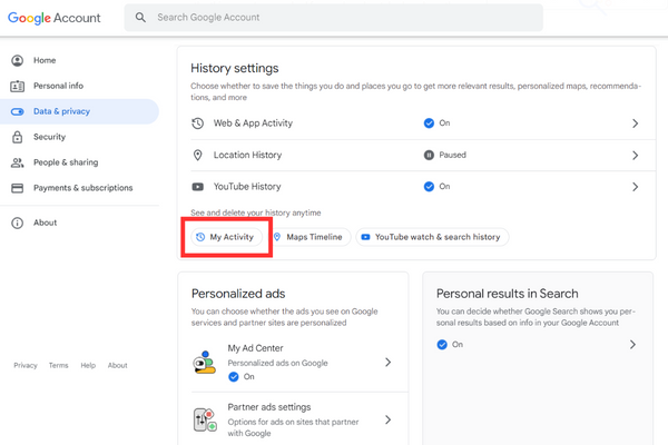 History settings is located above Personalized Ads