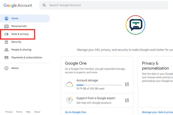 "Data & privacy” is located on the left side panel.