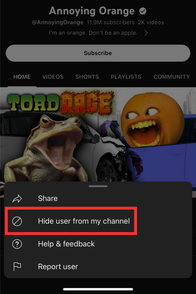 “Hide user from my channel” is below the “Share” button