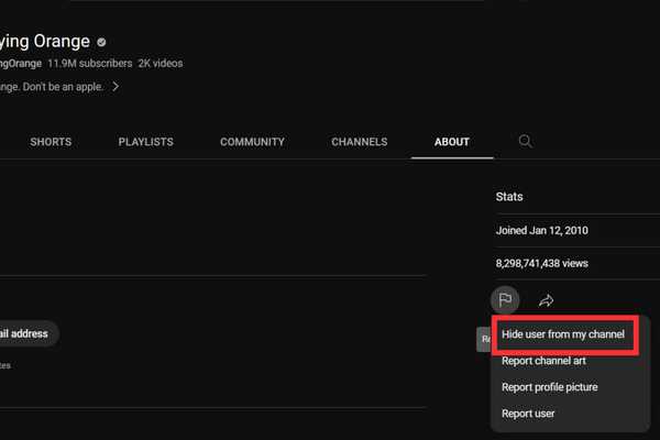 Hide user from my channel is at the top of the options list