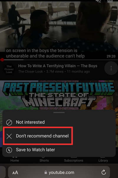 The “Don’t recommend channel” is next to the “X” icon