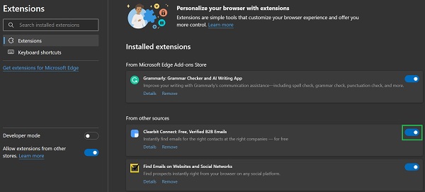 Options for installed extensions in Microsoft Edge