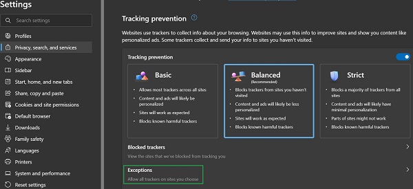 Configuring Tracking Prevention options