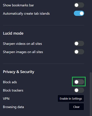 Disable "Block ads" by toggling off. 