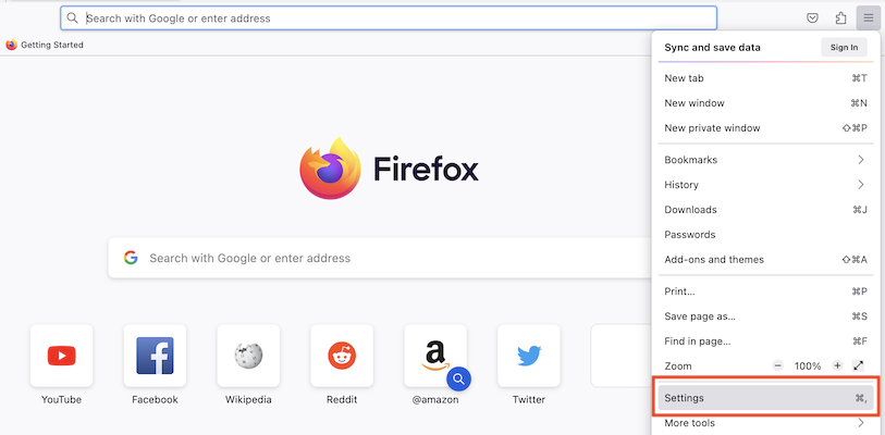 Navigating to Settings on the Firefox homepage 