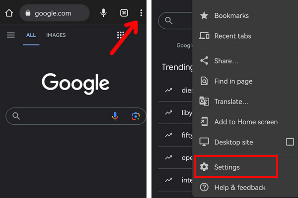 Navigating to Google Chrome settings in Android